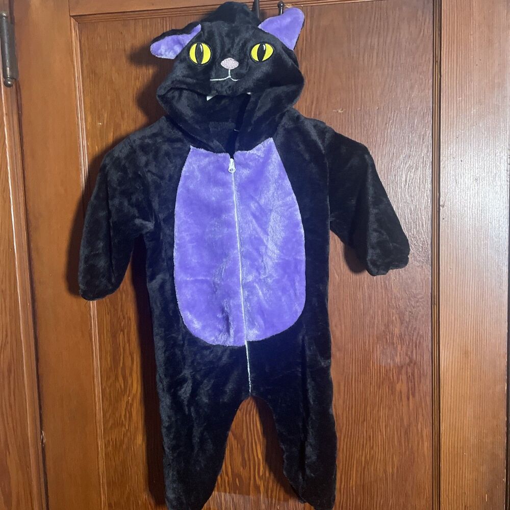 Halloween Black Cat Pajamas Kids 12 Months Hooded Costume Warm Black Purple Tail